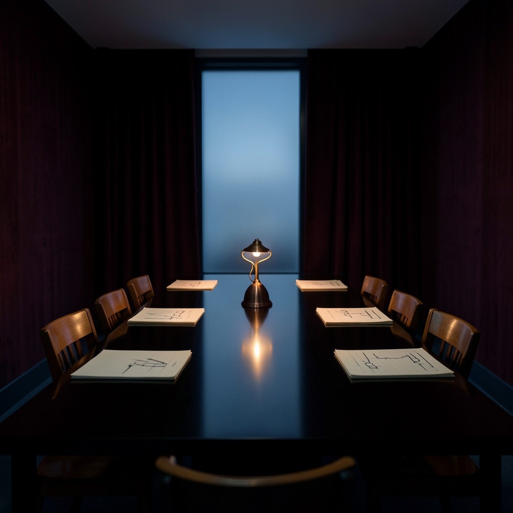 Empty classroom with eight places set along a dark wood table before an evening session