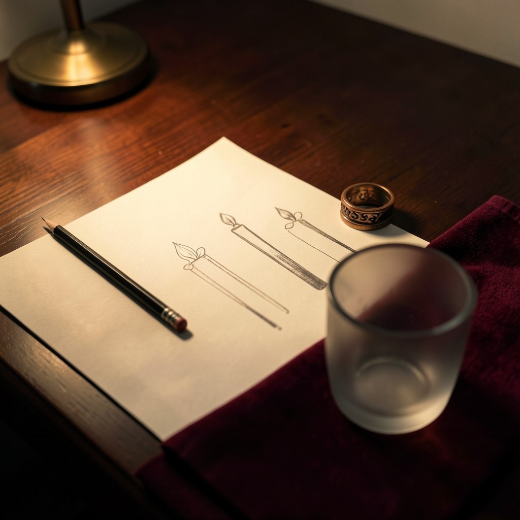 A single desk place with a chart sheet, a pencil, and a small copper paperweight