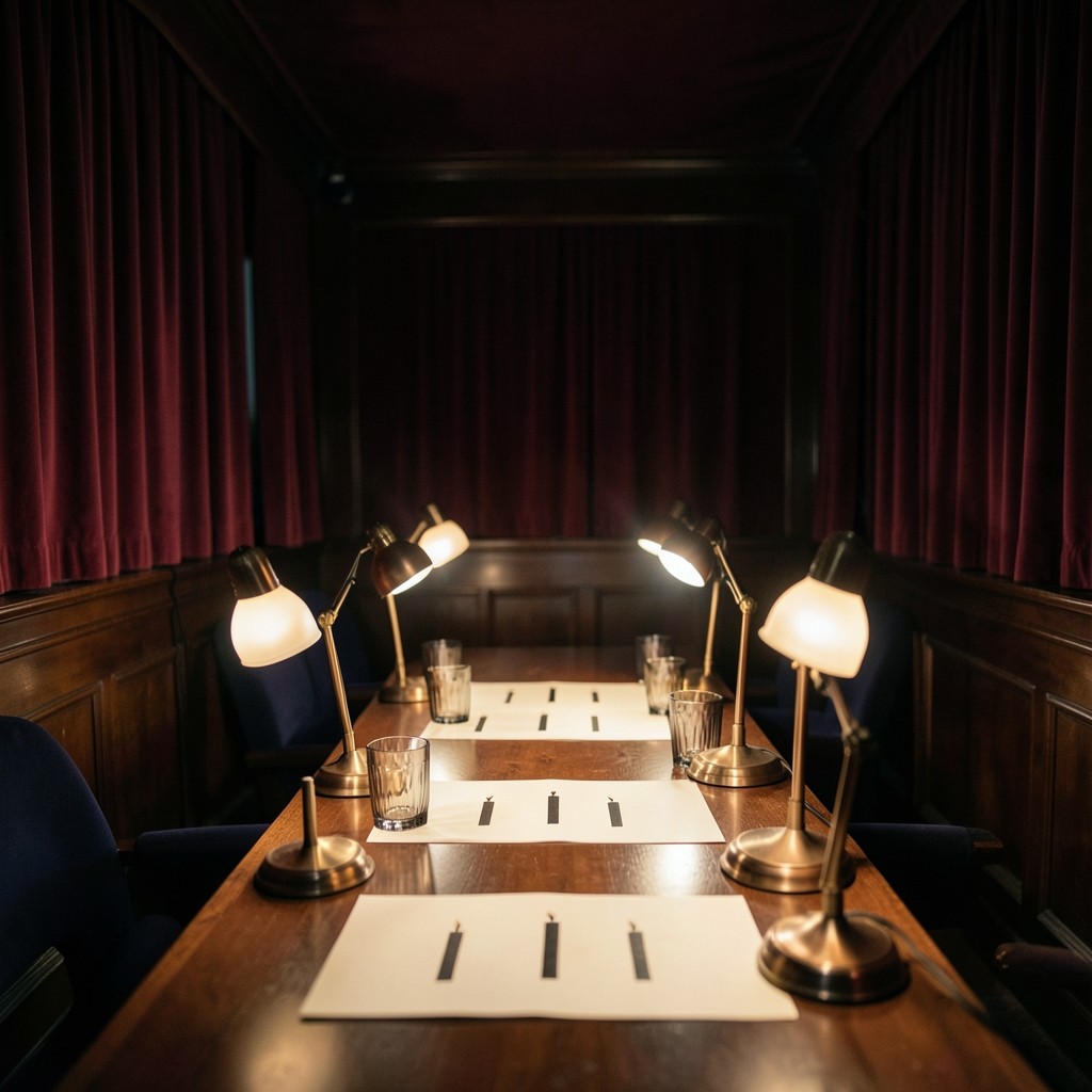 Evening classroom with printed candlestick sheets on a dark wood table under copper lamps