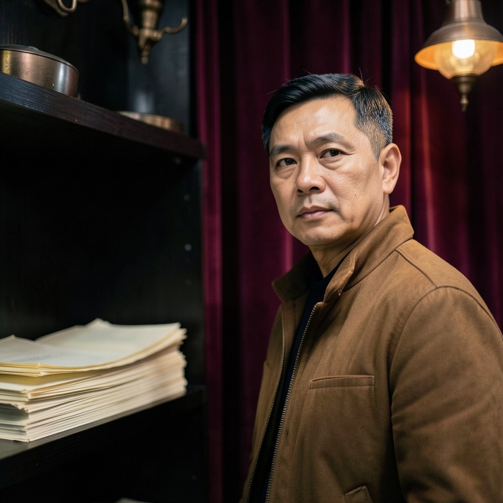 Portrait of Arun Phromsiri beside a shelf of plain chart sheets
