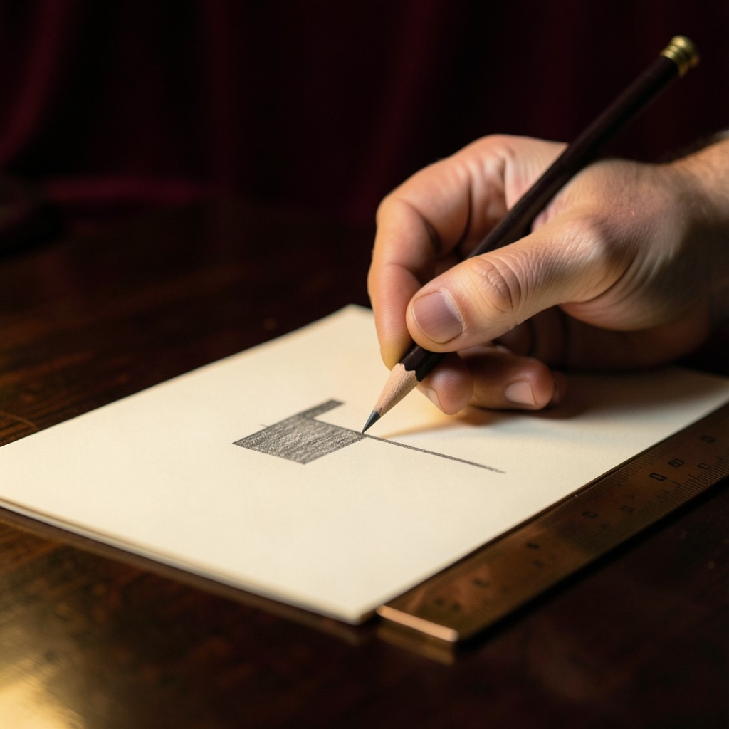 A pencil held above a hand-drawn hammer candlestick on cream paper