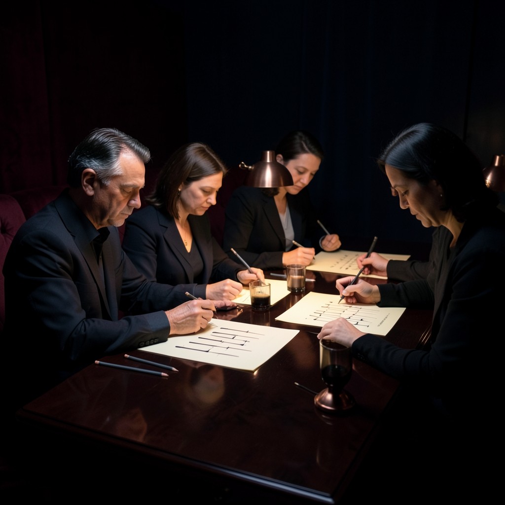Adult students seated at a long dark table marking printed candlestick charts by hand