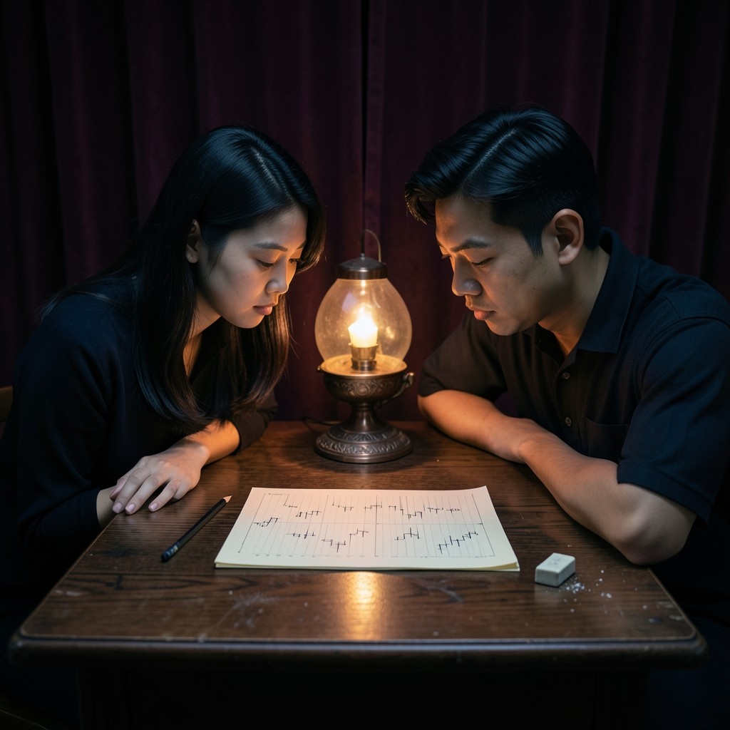 An instructor and a student looking down at a short stack of printed chart sheets